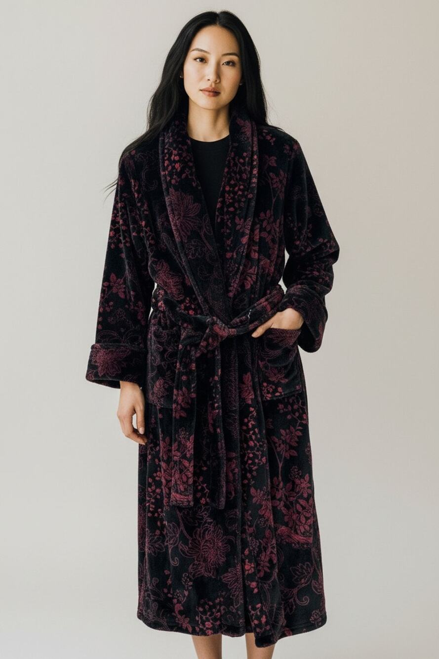 M Natori Studio Women's Printed Plush Robe cranberry housecoat lounge sleepwear